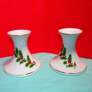 Vtg Pair Mogi Porcelain BONE CHINA Christmas Holly Candle Holders Made In Japan